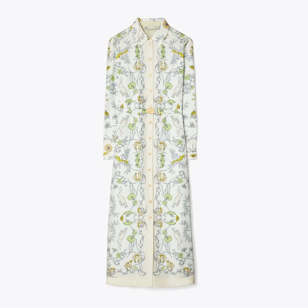Tory Burch Cream Yellow Leaf Mushroom Bunny Silk Twill Button Down Shirtdress